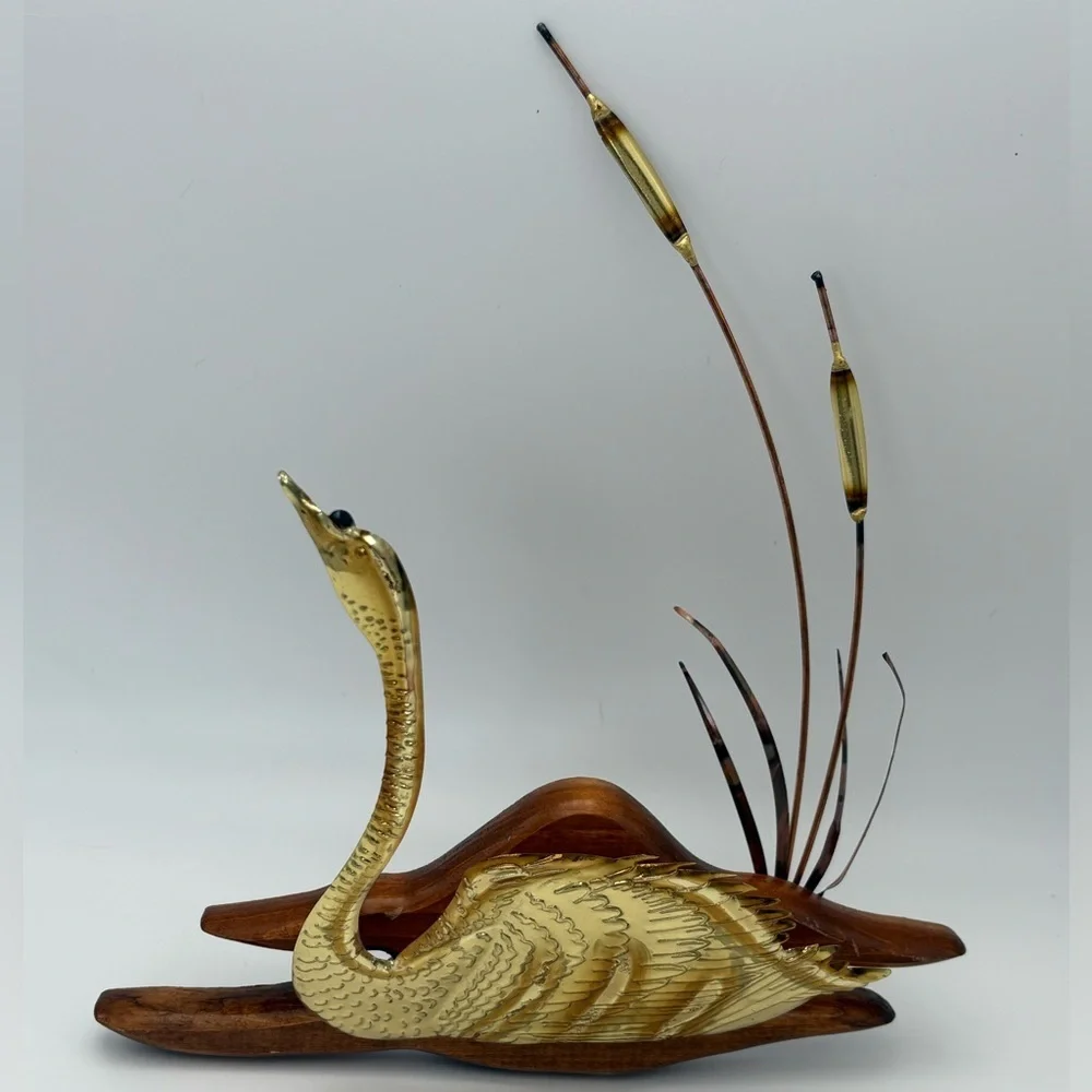 Mid-century Modern Brass and Copper Swan and Cattails Wall Art